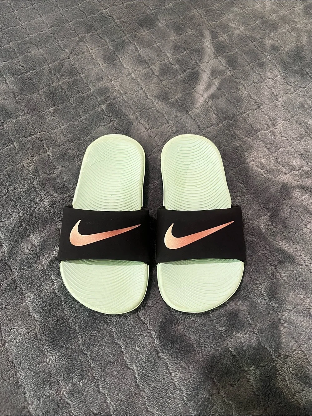 Nike Mint Green‎ Footbed Slides with Black Strap and Rose Gold Swoosh